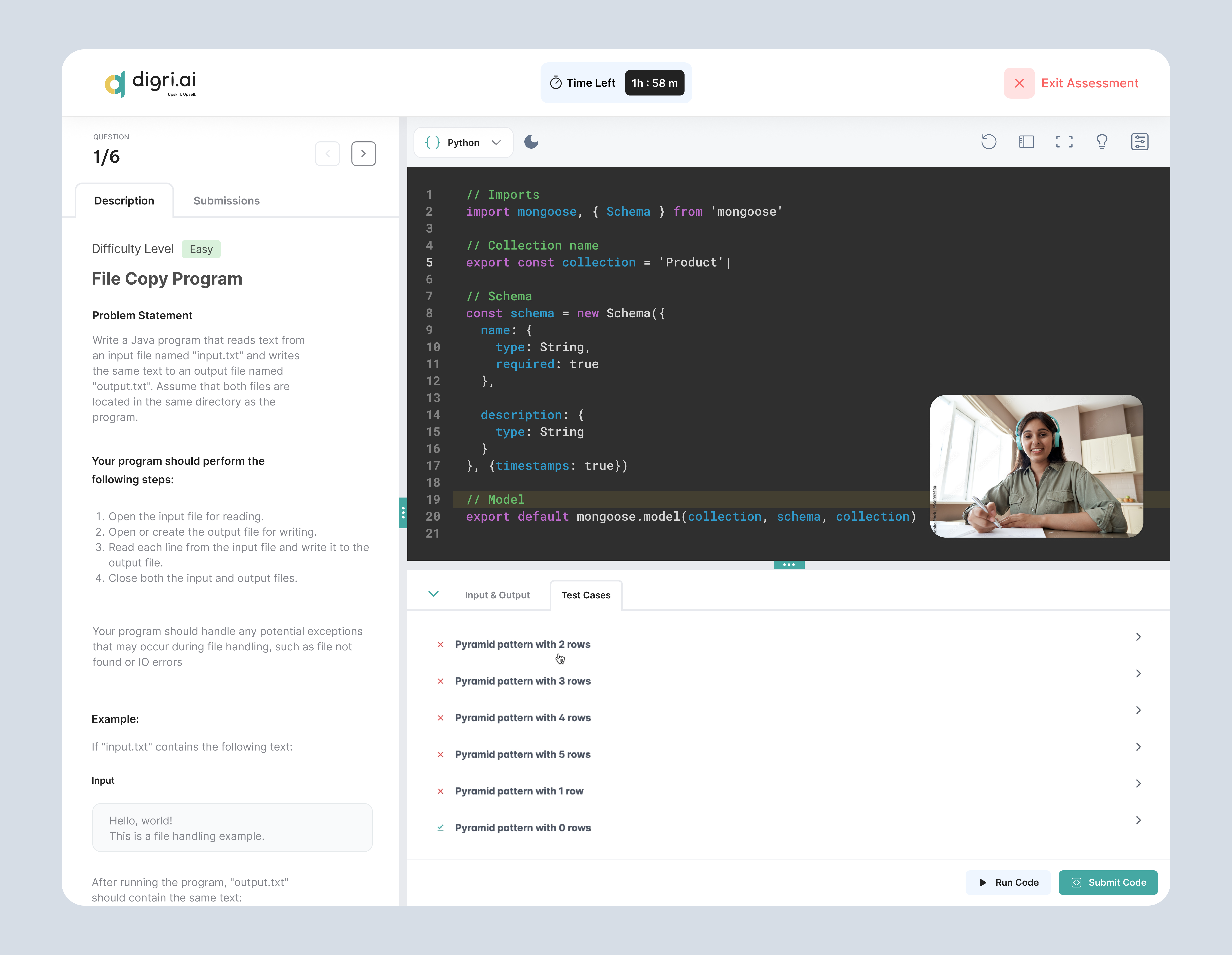 digri.ai live coding assessment — code editor with test cases, timer and AI proctoring