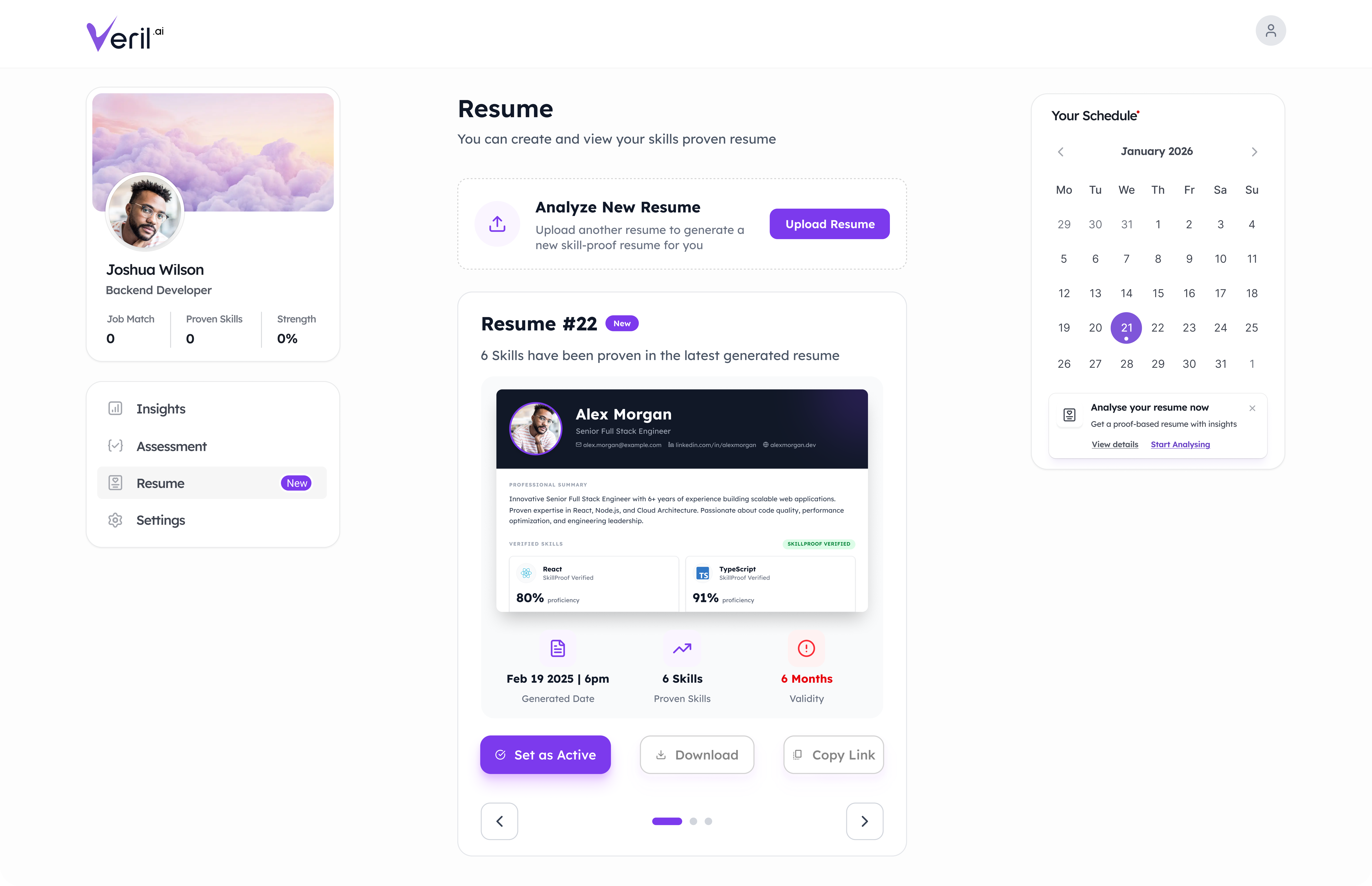 Veril.ai verified resume dashboard — skill-proof resume with assessment scores