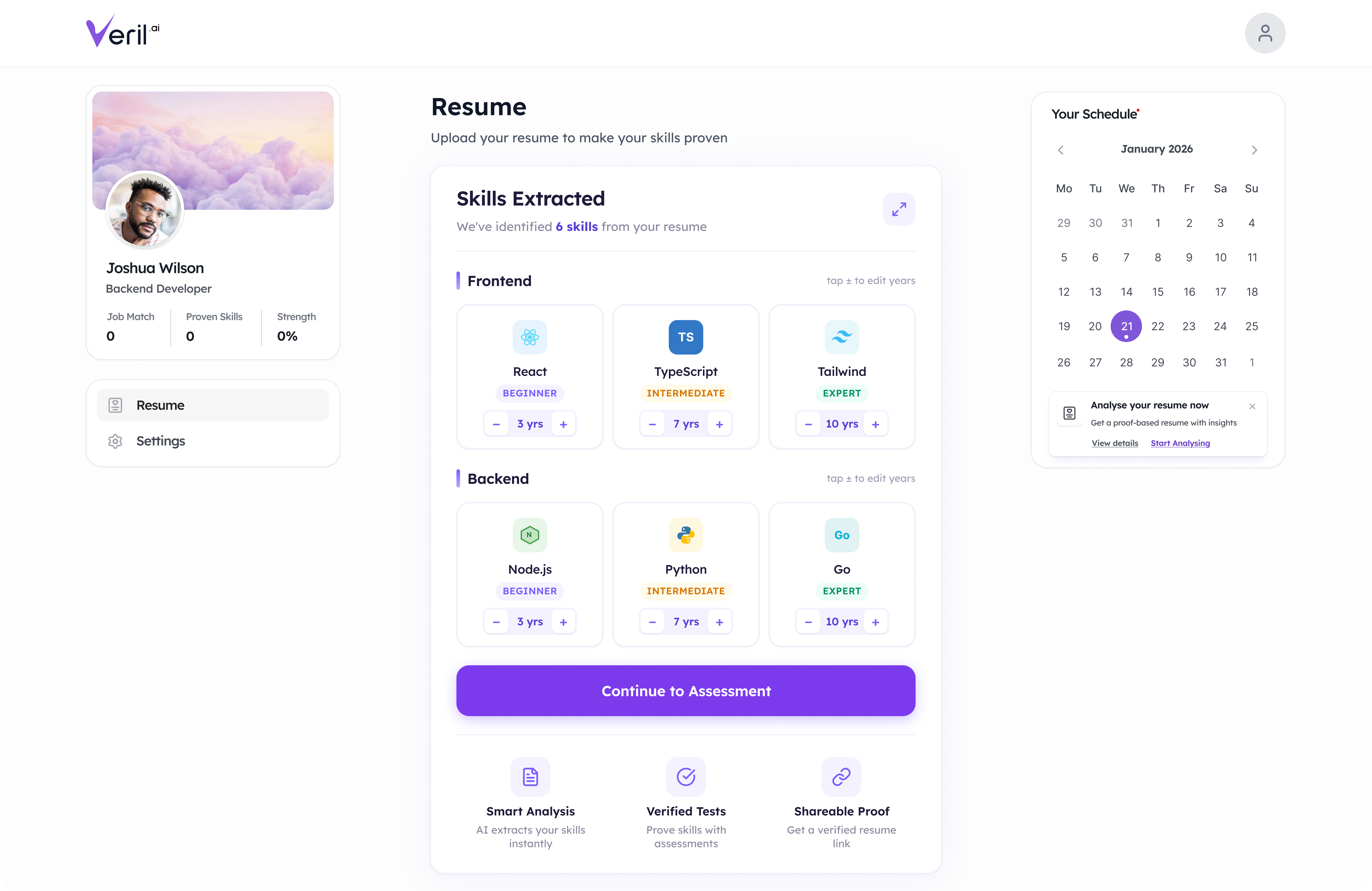 Veril.ai skills extraction interface — AI identifies Frontend and Backend skills from resume
